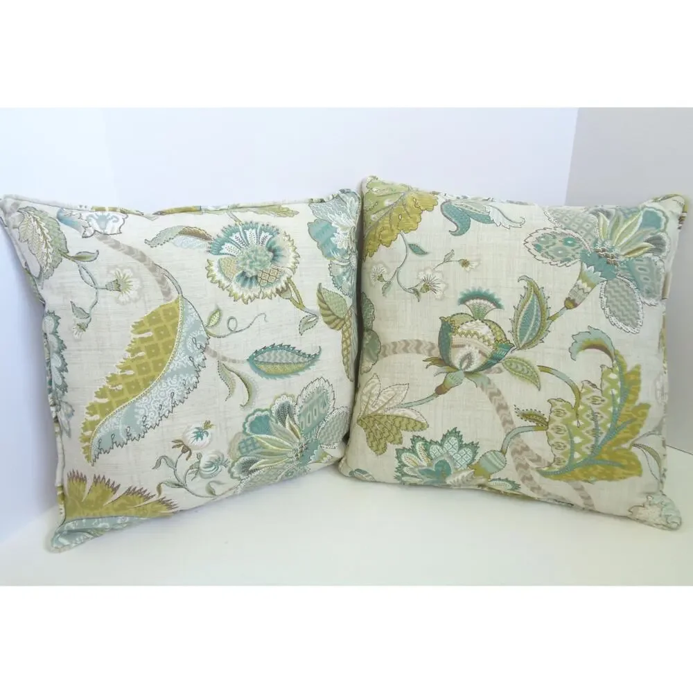Pier 1 Linen Blue Floral Throw Pillow Flowers Green Leaves 17” Cottage Set of 2